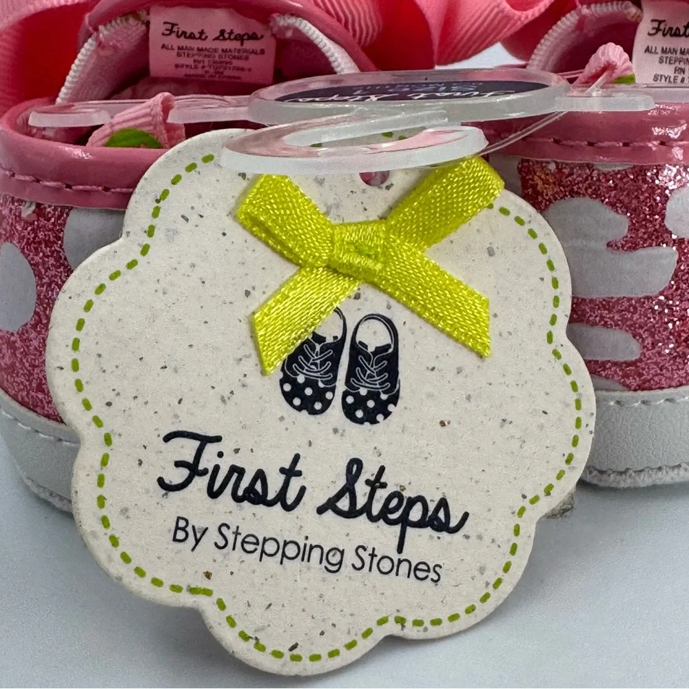 First Steps Pink Leopard Crib Shoes Size 1 (0-3 months) Big Bow Heart Gem New
